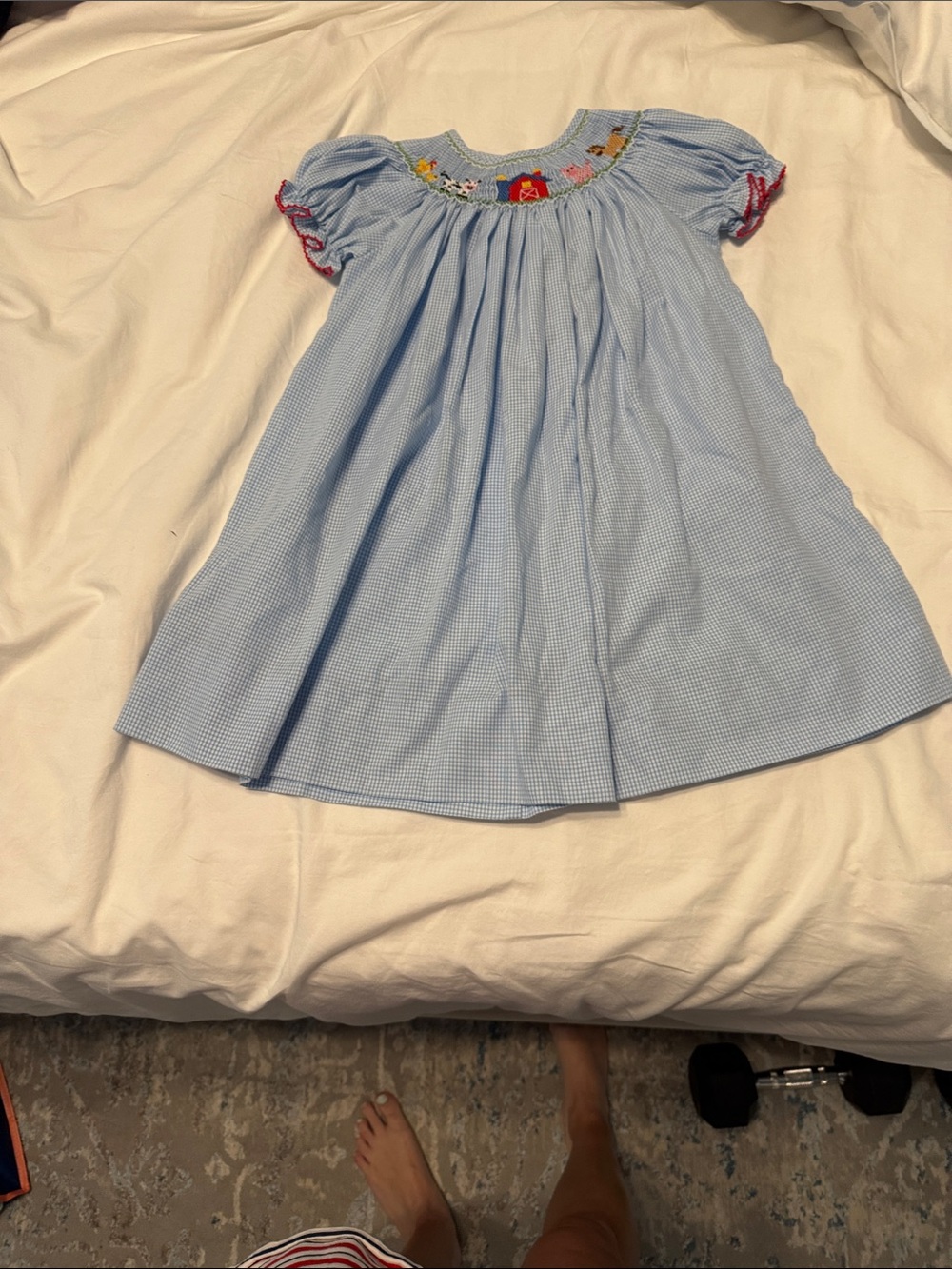Light Blue Smocked Short-Sleeve Girls' Dress with Embroidered Yoke